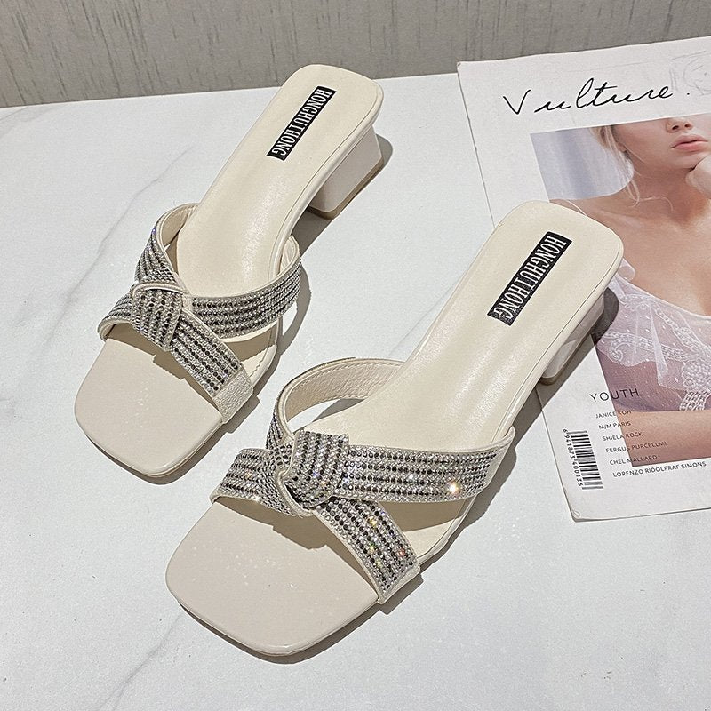 Elegant ladies' sandals with rhinestone embellishments and comfortable block heel Lune London