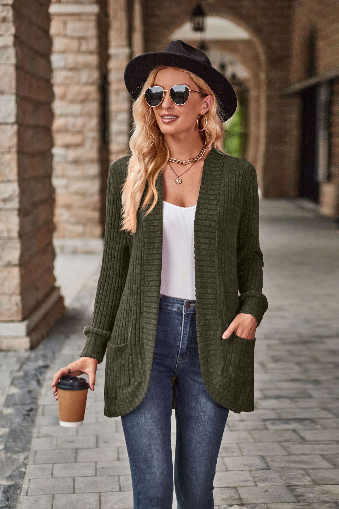 Knitted jacket for women with textured pattern and practical pockets Lune London