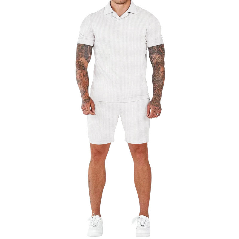 Casual short-sleeve men’s set with textured design and modern mock collar Lune London