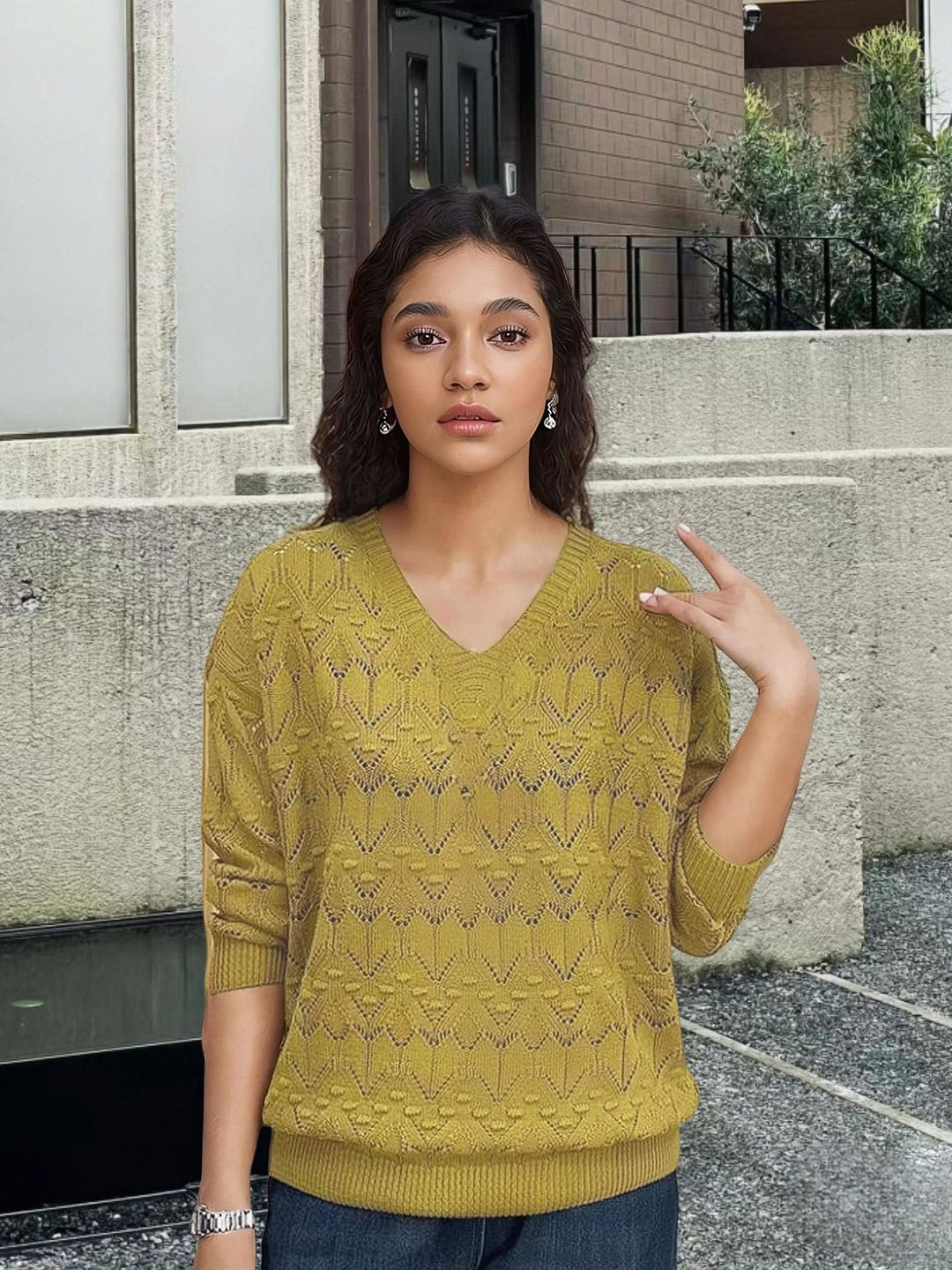 Knit sweater for women with V-neck and a delicate lace design Lune London