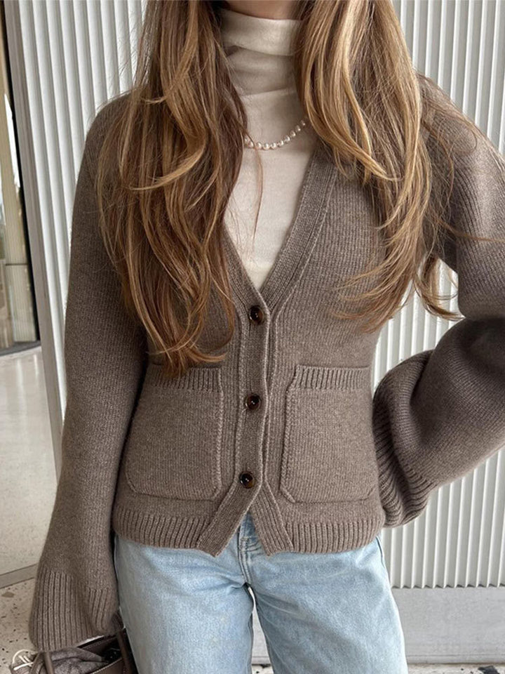 Ladies casual knit cardigan with a nice button placket and practical pockets Lune London