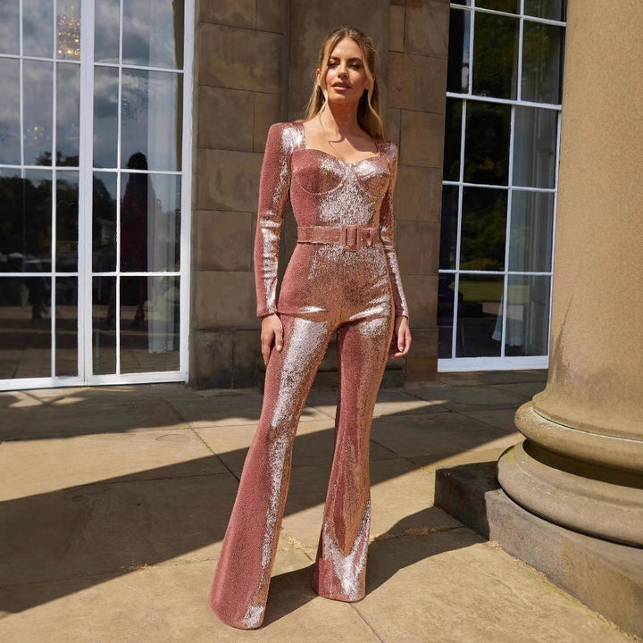 Ladies Glamorous Sequin Jumpsuit with Chic Waistline Lune London