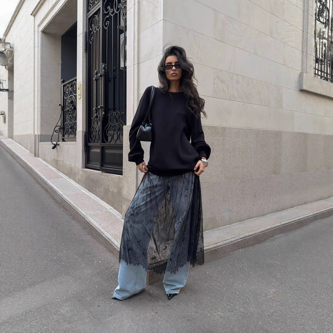Pull décontracté surdimensionné pour femmes avec des détails de volants élégants et une transparence à la mode Chic & Stil