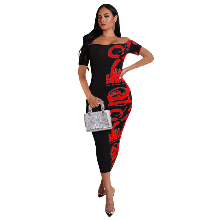Women Elegant Midi Dress with Off-Shoulder Design, Graphic Print, and Fitted Silhouette Lune London