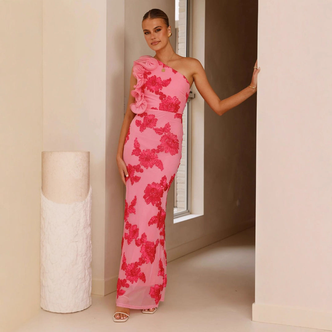 Women Elegant and form-fitting Maxi dress with asymmetrical strap and floral appliqués