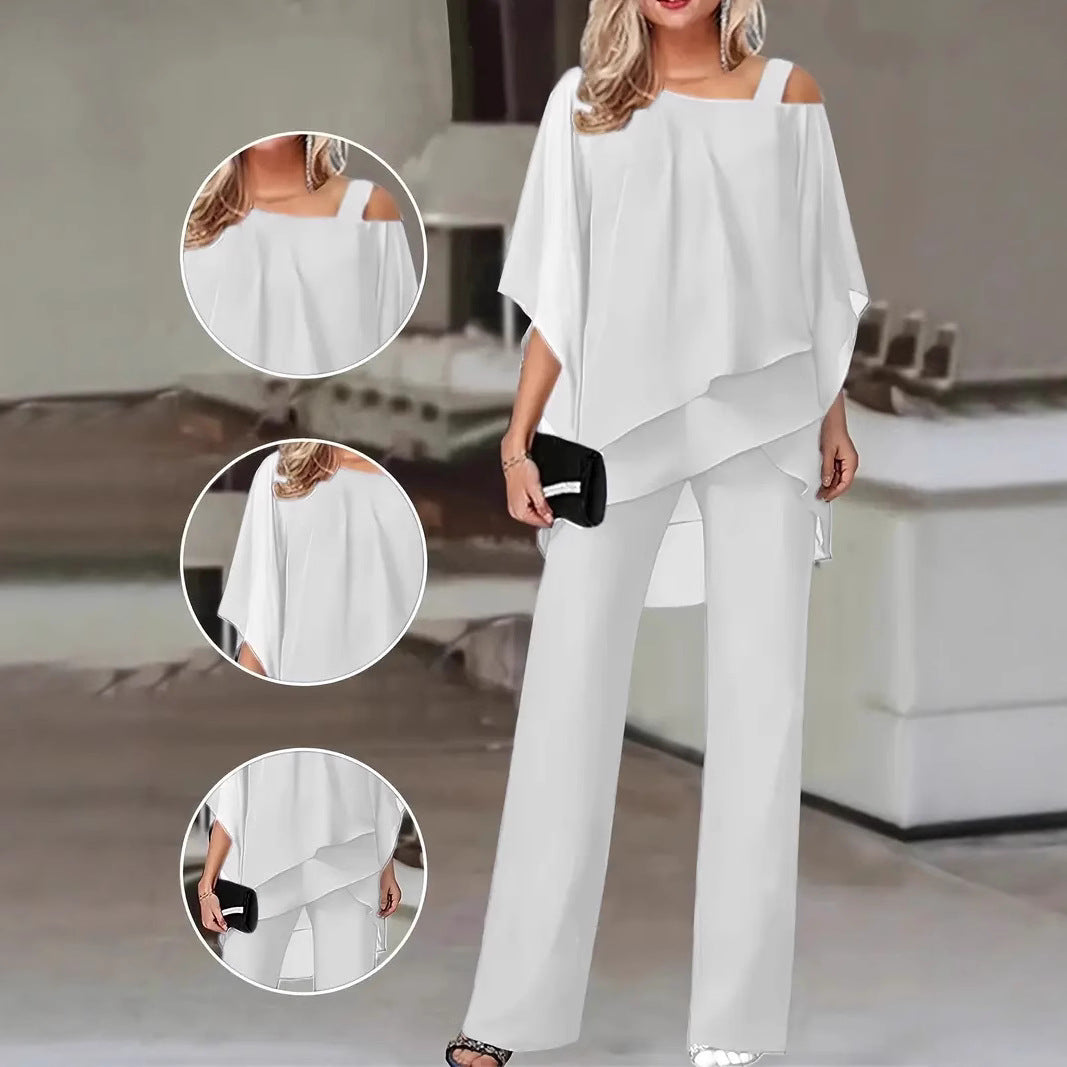 Ladies Elegant Two Piece Set with Fluid Top and Chic Flared Pants