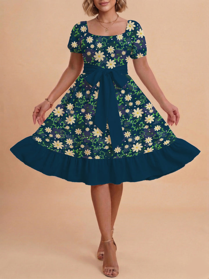 Women's floral dress with adjustable belt and voluminous sleeves Lune London