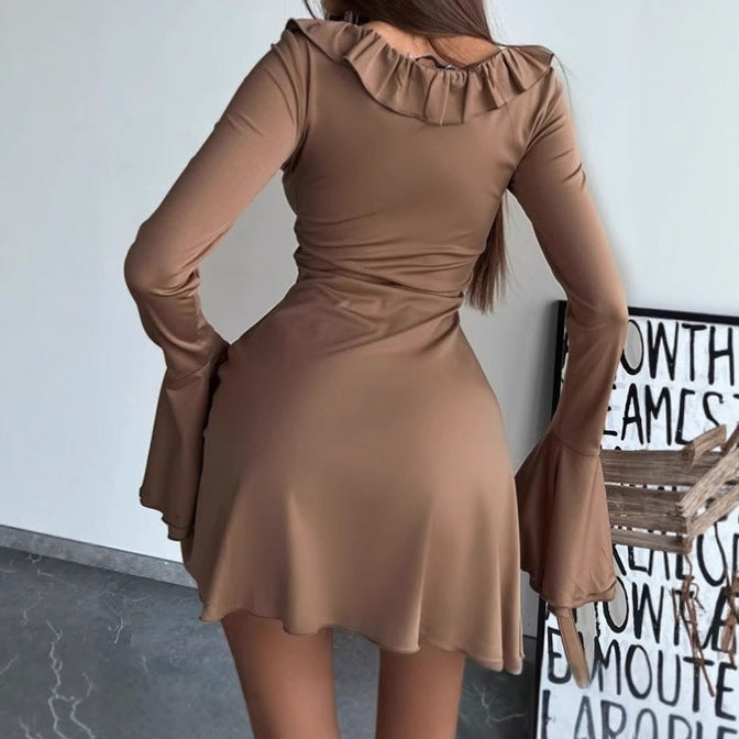 Off-shoulder mini dress for women with ruffle details and long sleeves Lune London