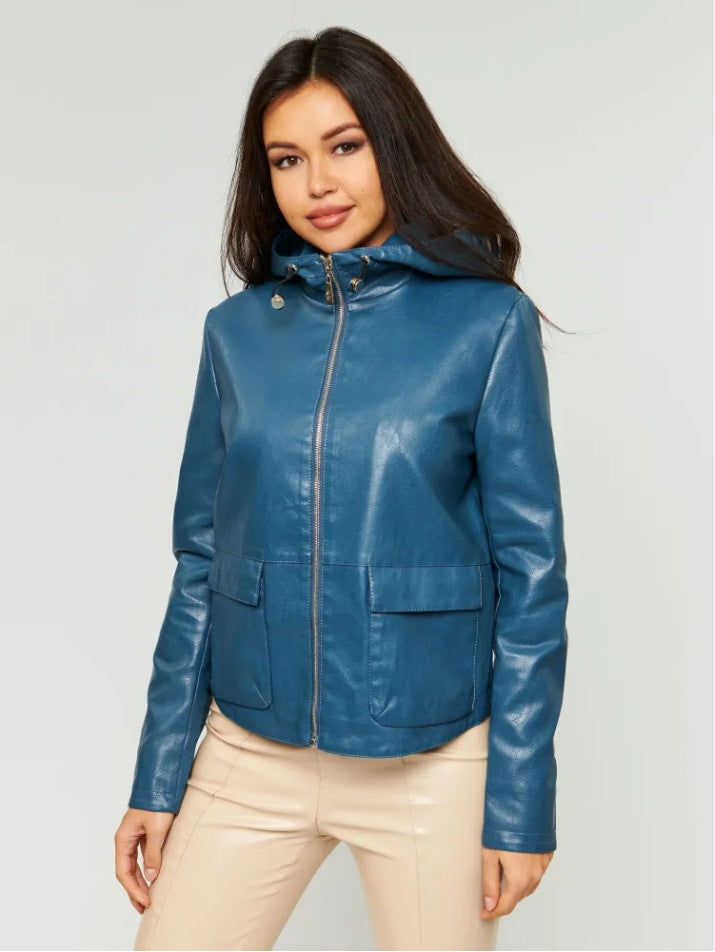 Faux leather jacket for women with integrated hood and practical pockets Lune London