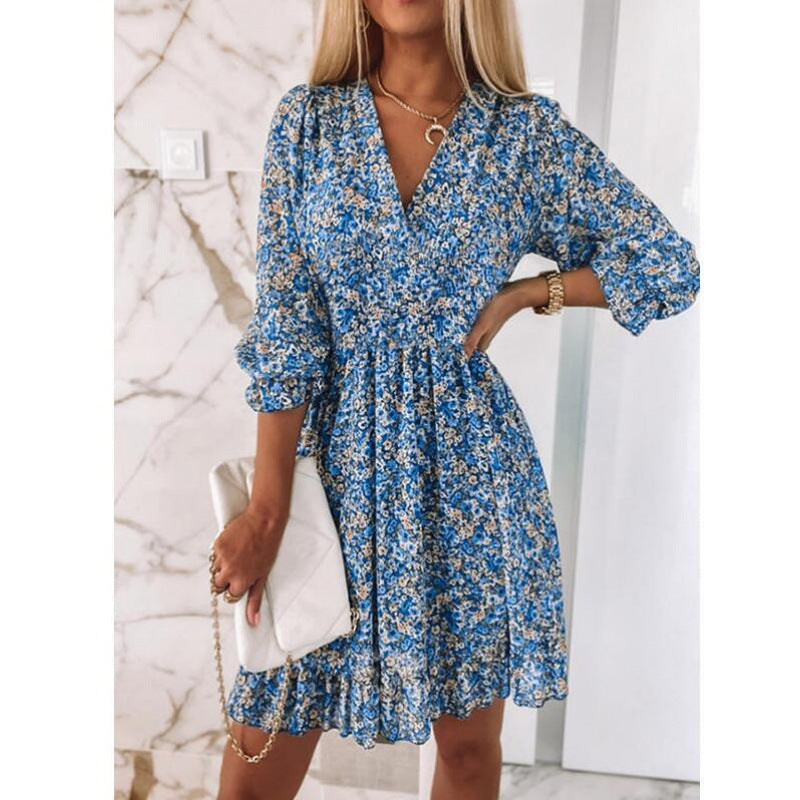 Mini floral V neck dress for women with gathered waist Lune London