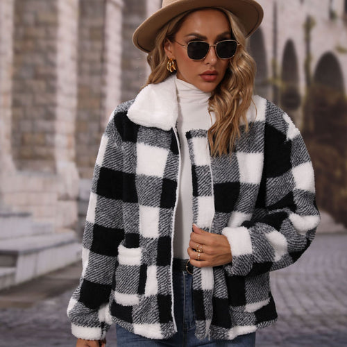 Ladies Cozy Plaid Jacket with Asymmetric Zipper Lune London