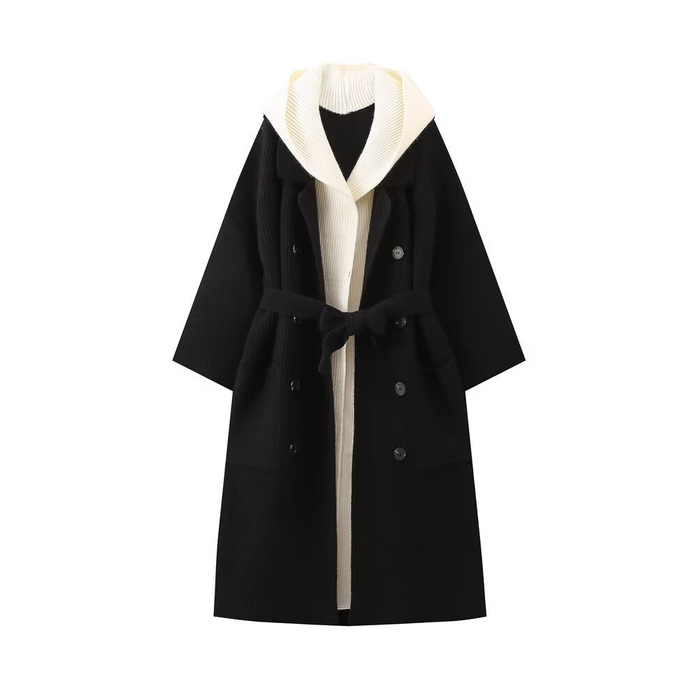 Ladies long casual cardigan with tie waist belt and double layer collar Lune London