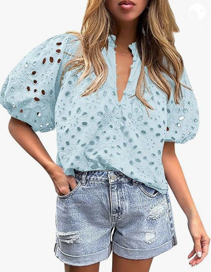 Ladies eyelet blouse with puff sleeves Lune London