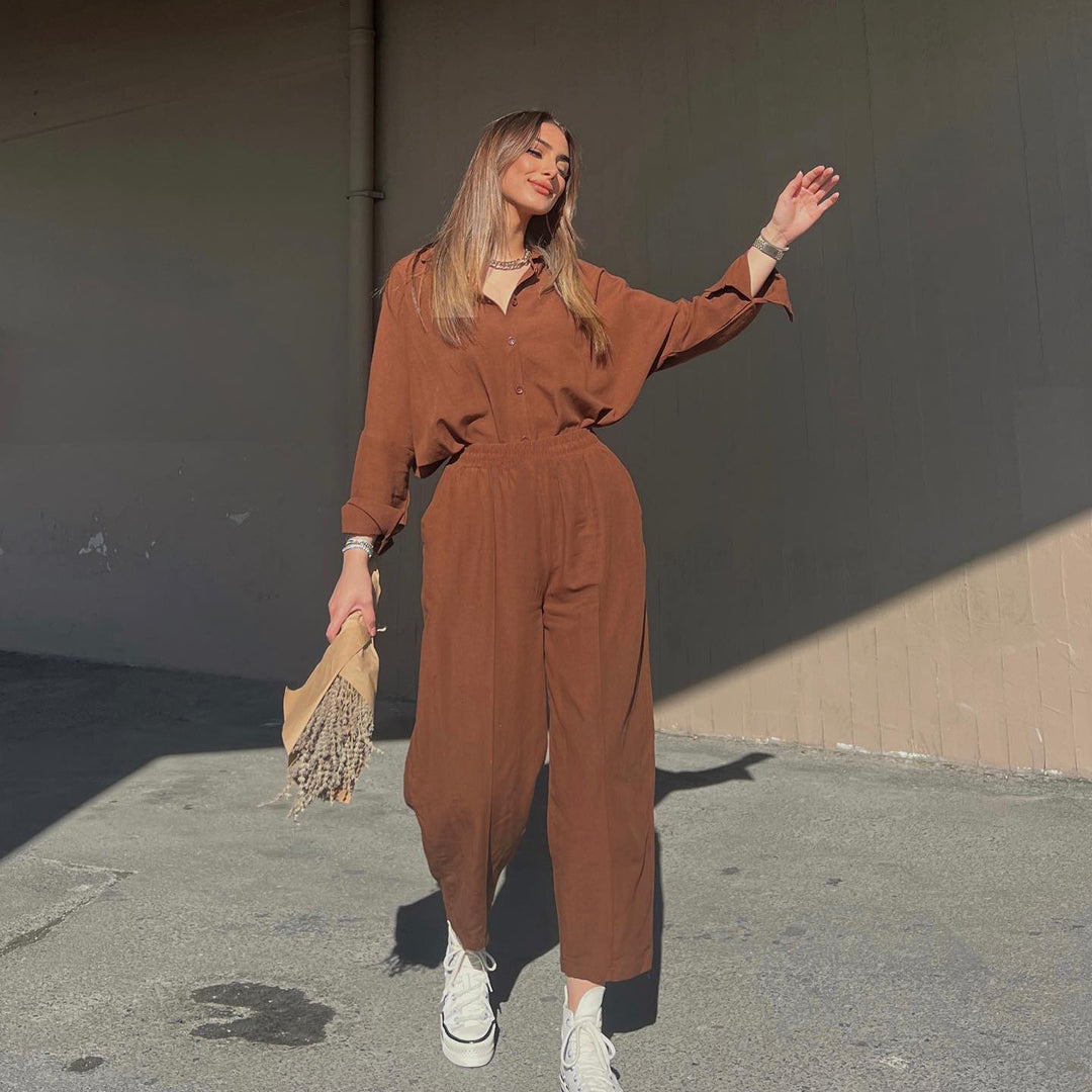 Lune London two-piece casual outfit for women with continuous button placket and wide legs