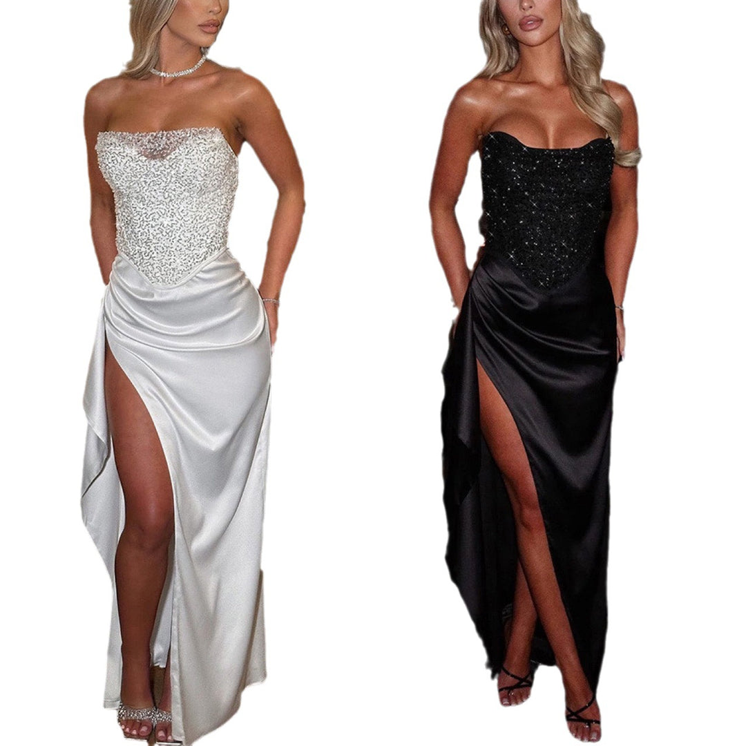Ladies' wedding cocktail dress with shimmering top and high slit