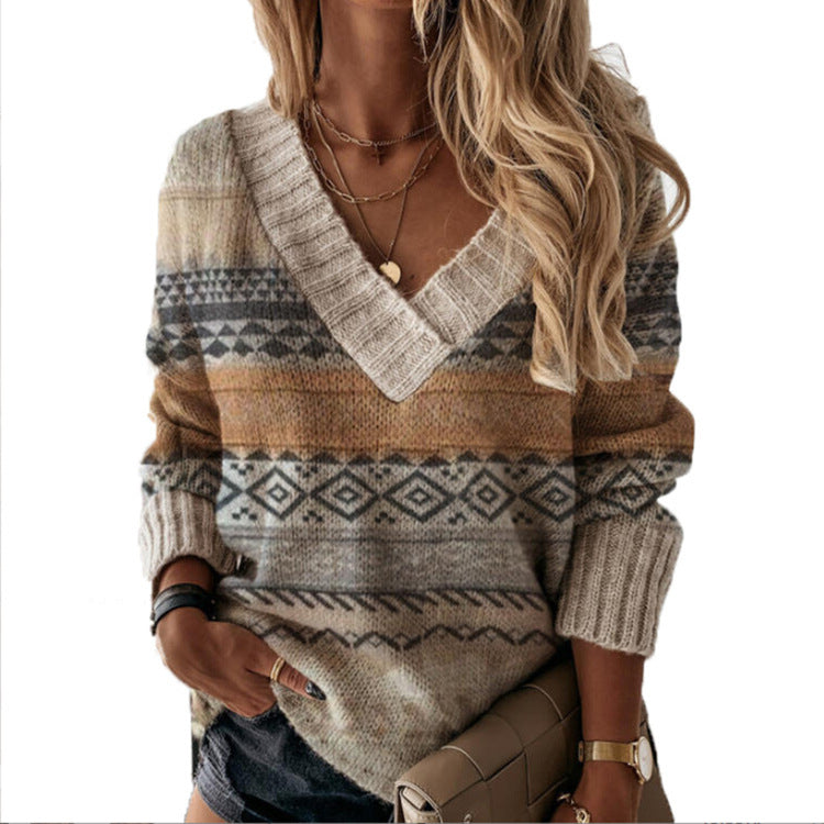Pull en tricot pour femmes avec un design graphique moderne et décolleté en V Lune London