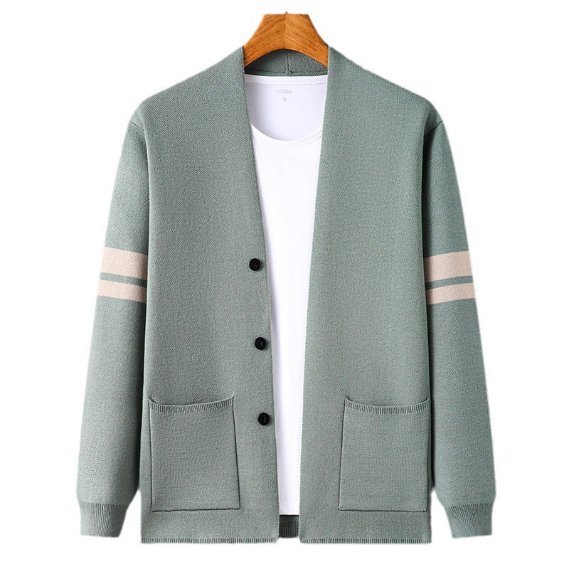 Trendy knit jacket for men with stylish contrasting stripes and practical pockets Lune London