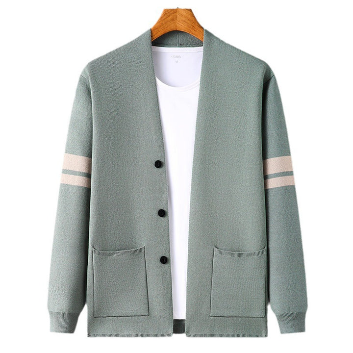 Trendy knit jacket for men with stylish contrasting stripes and practical pockets Lune London