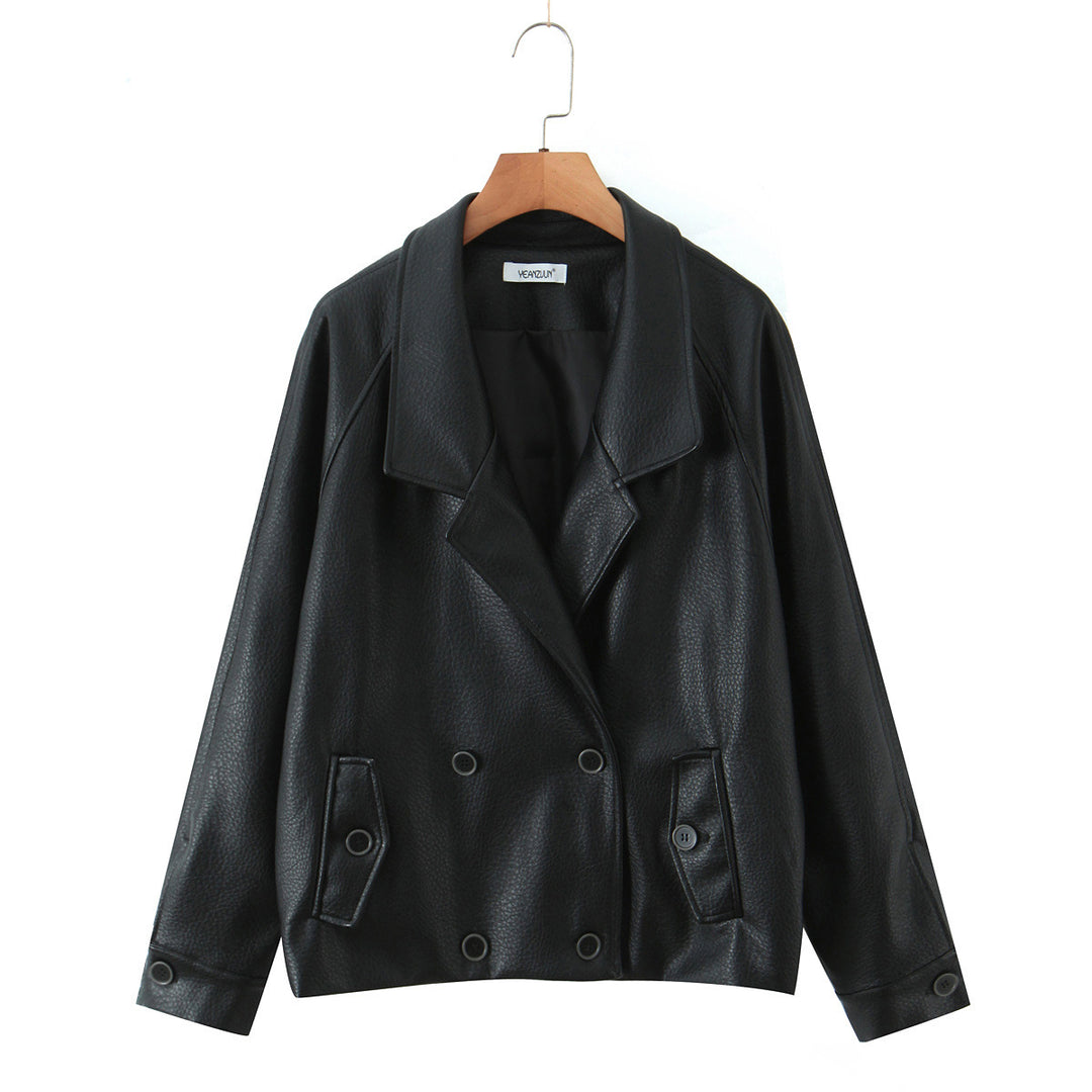 Elegant synthetic leather jacket for women with double-breasted buttons and wide lapels Lune London