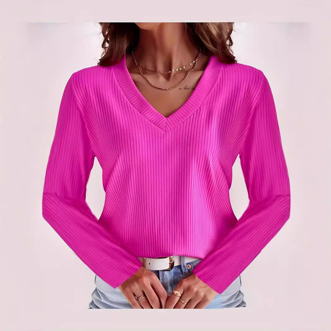 Women Long Sleeve V-Neck Top with Ribbed Structure Lune London