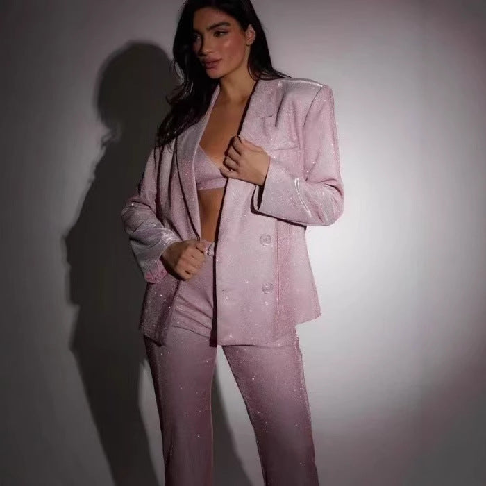 Women's Glittering Suit Set with Crop Top and Flared Pants Lune London
