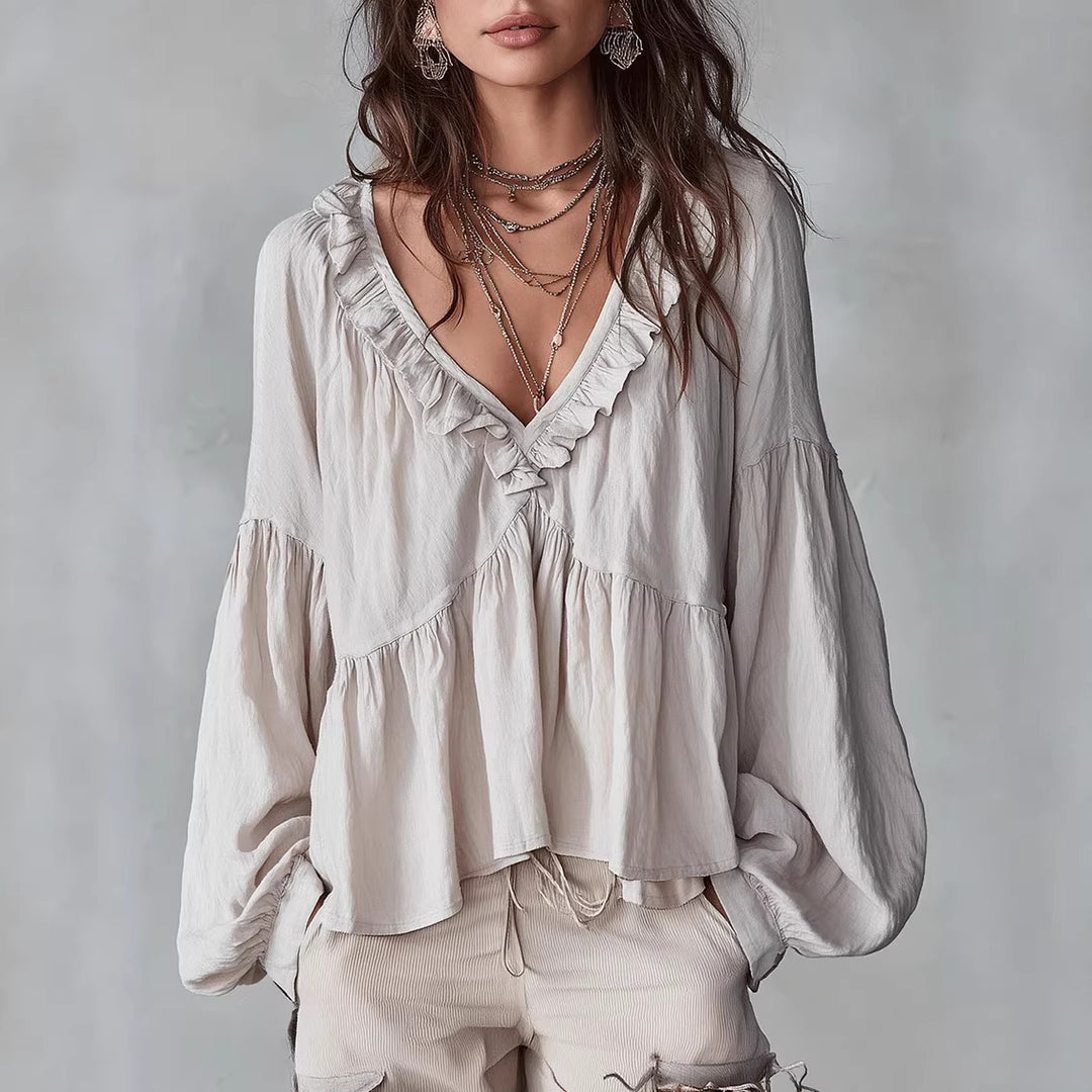 Women's Flowing Top with Ruffled Details and V-Neck Lune London
