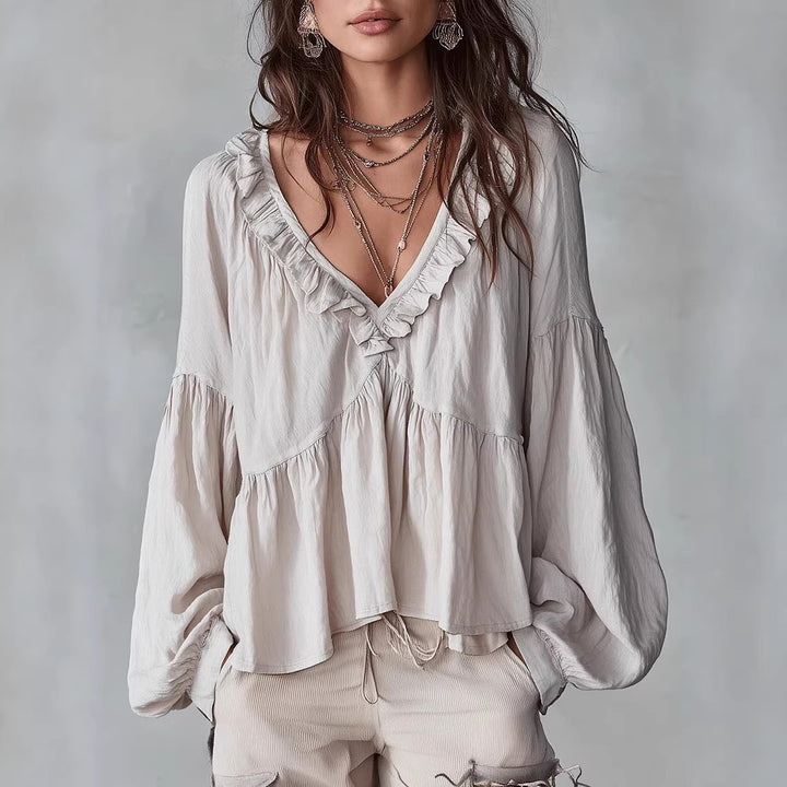 Women's Flowing Top with Ruffled Details and V-Neck Lune London