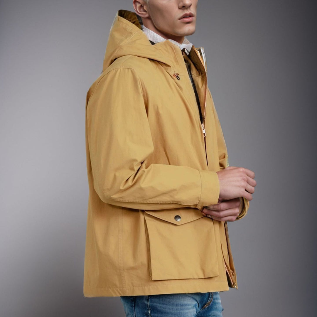 Functional transition jacket for men with adjustable hood collar Lune London
