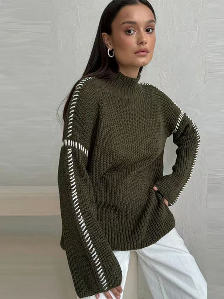 Pull en tricot épais pour femme avec col montant et accents de manches élégants Chic & Stil