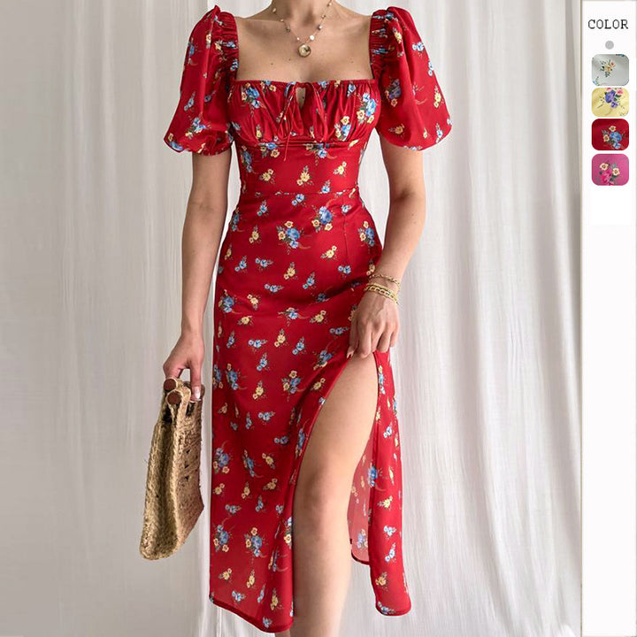 Floral print maxi dress for women with puff sleeves and high slit Chic & Stil