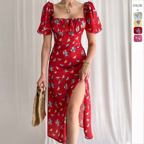 Floral print maxi dress for women with puff sleeves and high slit Chic & Stil