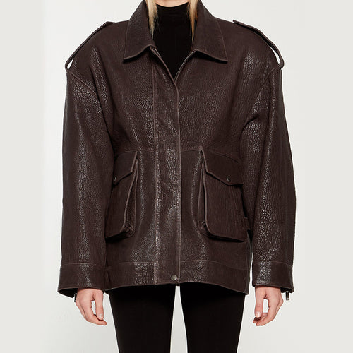 Oversized leather jacket for women with a sturdy design and practical pockets Lune London
