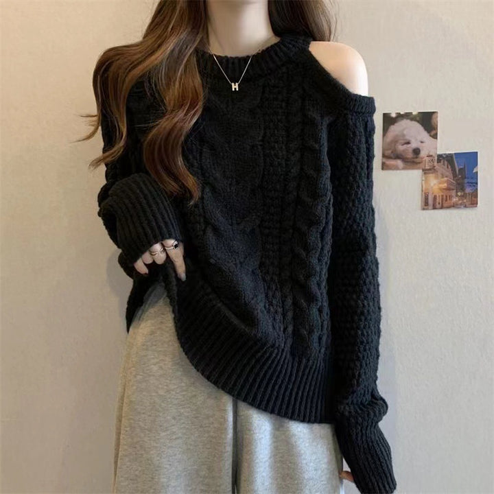 Pull en tricot épais pour femmes avec design d'épaule asymétrique et motif en cable Chic & Stil