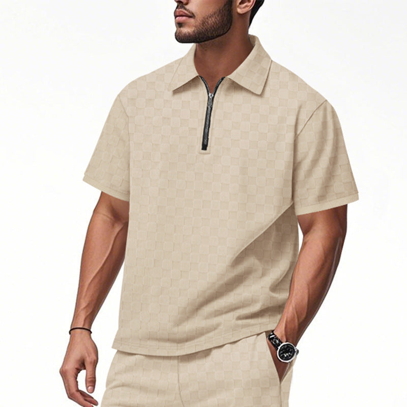 Modern short-sleeved polo for men with zipper and check pattern Lune London