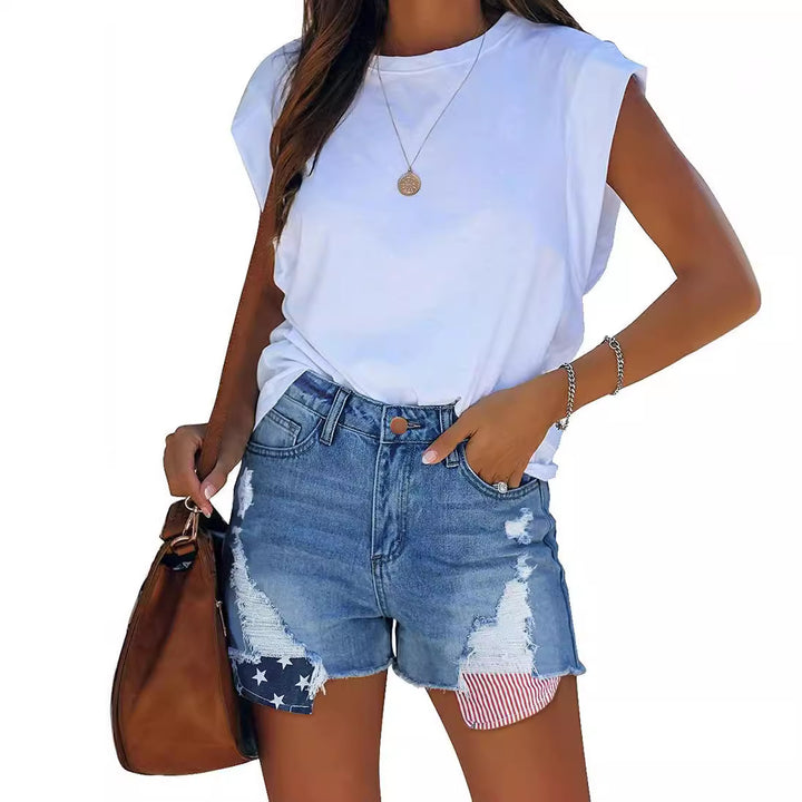 Women's Destroyed Denim Shorts with Creative Patch Details Lune London