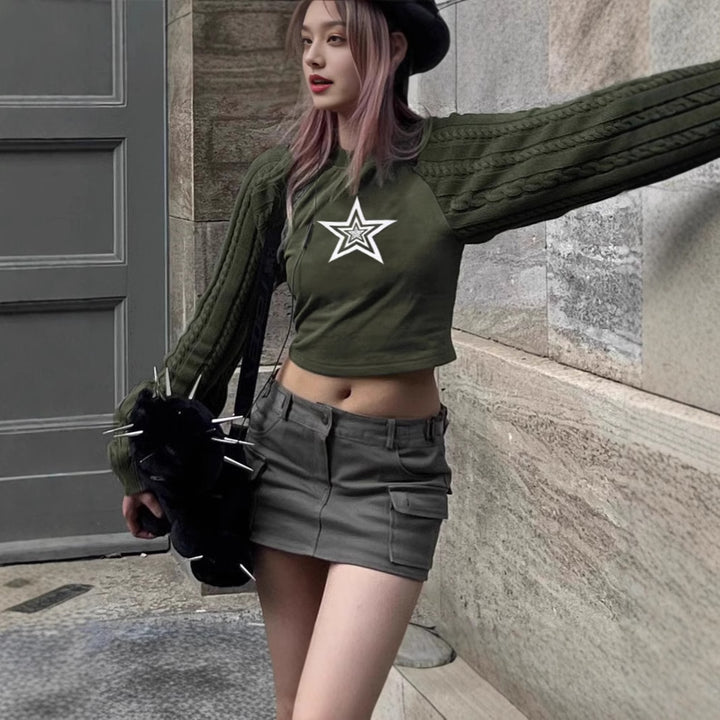Cropped sweater for women with graphic star pattern and textured sleeve design Lune London