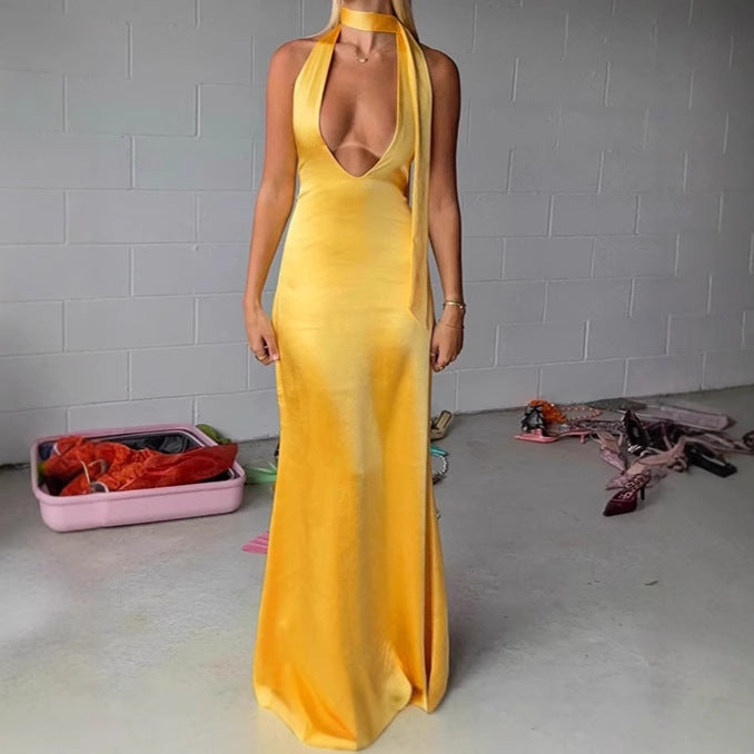 Elegant Maxi Dresses for Women with Deep V Neckline and Chic Narrow Tie Belt