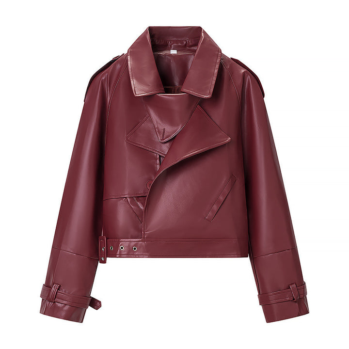 Veste en simili cuir pour femme au style biker moderne avec col asymétrique et ceinture à la taille Chic & Stil
