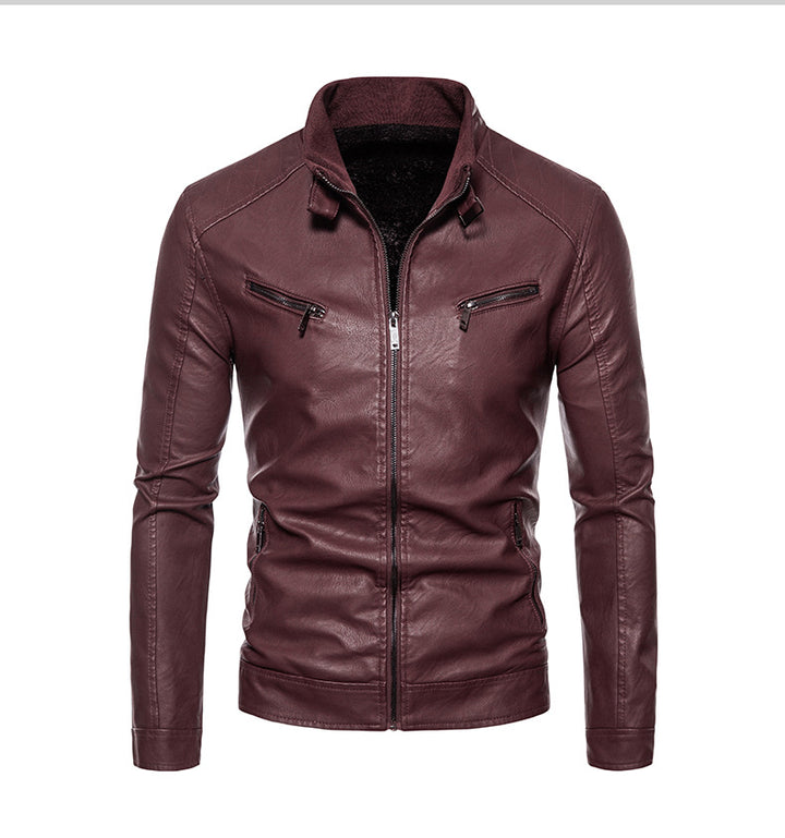 Men's leather jacket with modern high collar and innovative zippered pockets Lune London