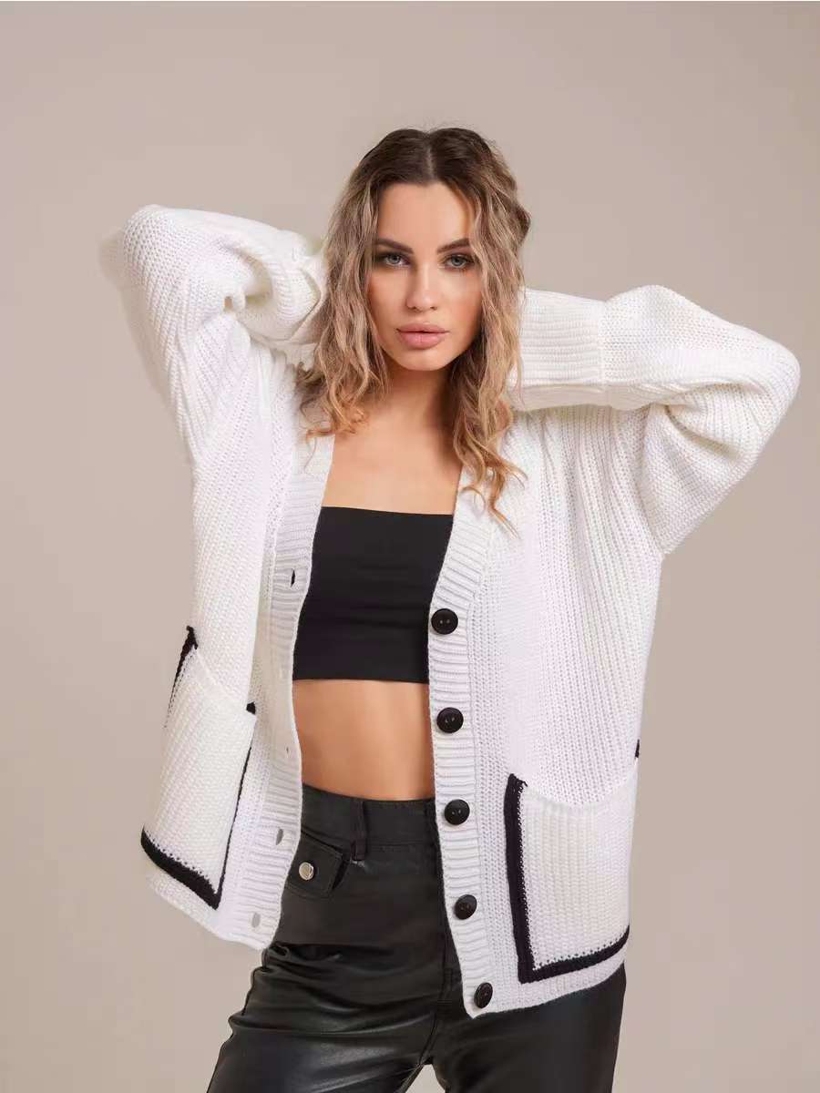 Ladies chunky knit cardigan with front openings and large buttons Lune London