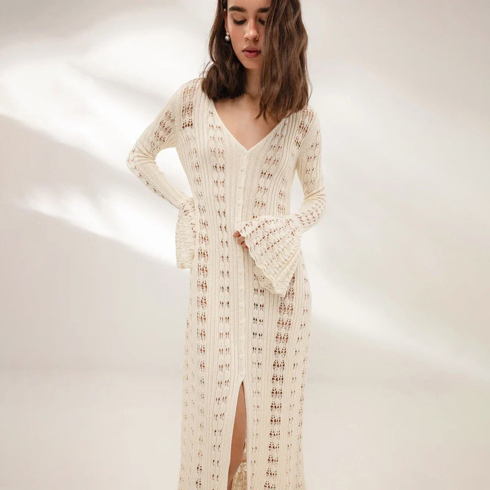 Knit dress for women with voluminous sleeves and a refined crochet pattern Lune London