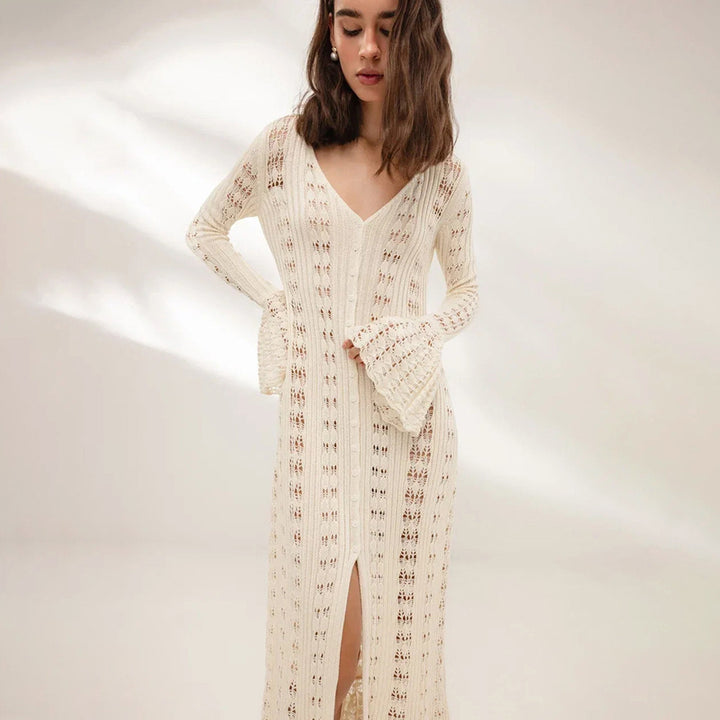 Knit dress for women with voluminous sleeves and a refined crochet pattern Lune London