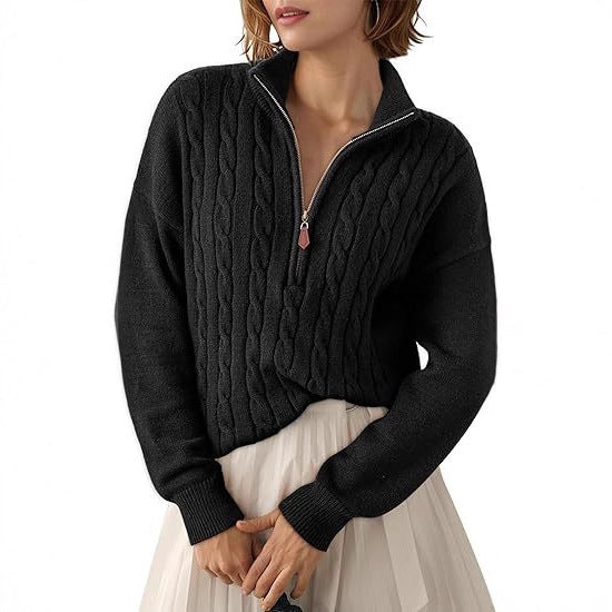 Chunky knit sweater for women with high collar and half-zip Lune London
