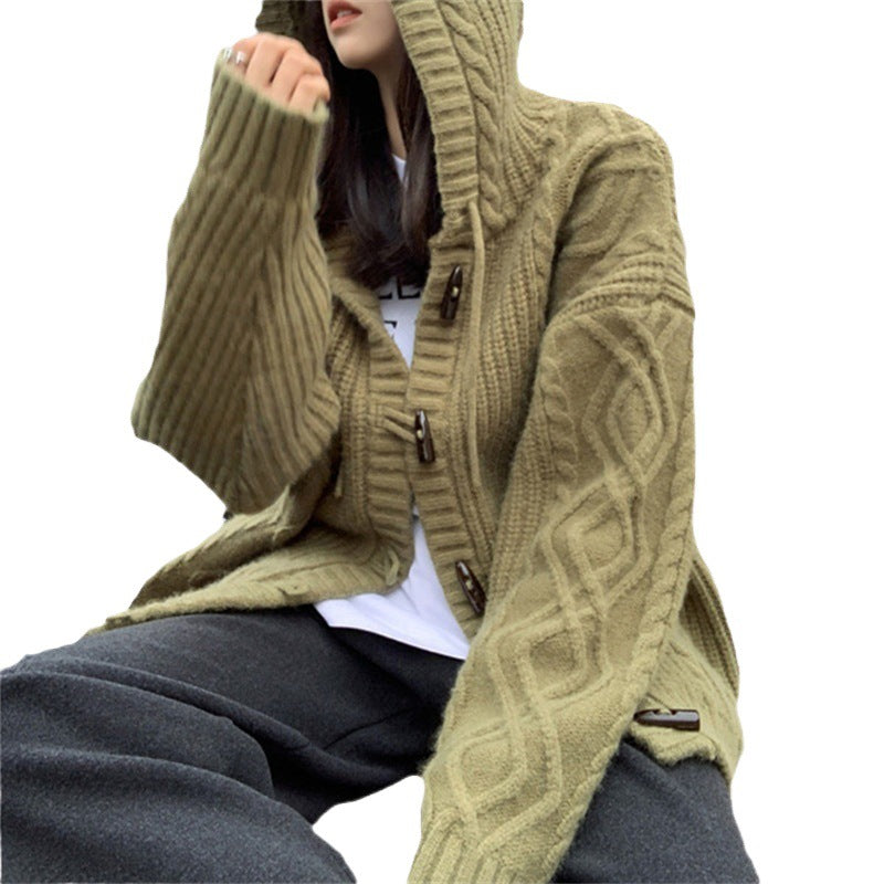 Ladies comfortable wool cardigan with hood and cable knit pattern Lune London