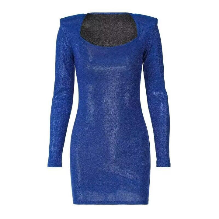Ladies mini dress with elegant square neckline and sparkling clothing fabric Lune London