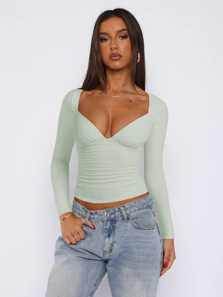Women's Fitted Long-Sleeve Top with V-Neck and Ruching Lune London
