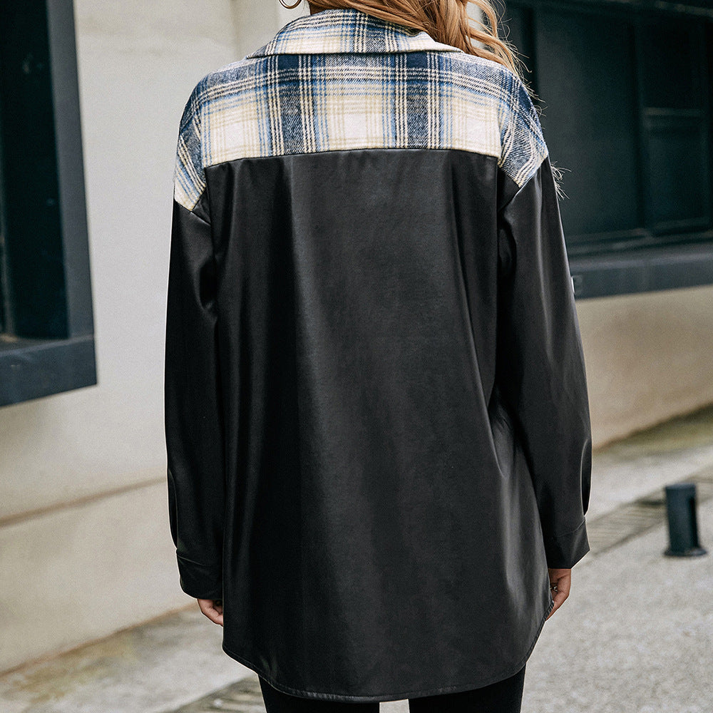 Women's overshirt with faux leather sleeves and checked pattern Lune London