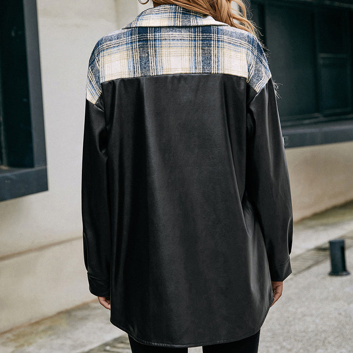Women's overshirt with faux leather sleeves and checked pattern Lune London