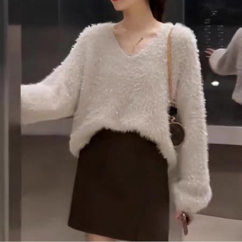 Pull V-neck pour femmes en tricot douillet avec fil à paillettes Chic & Stil