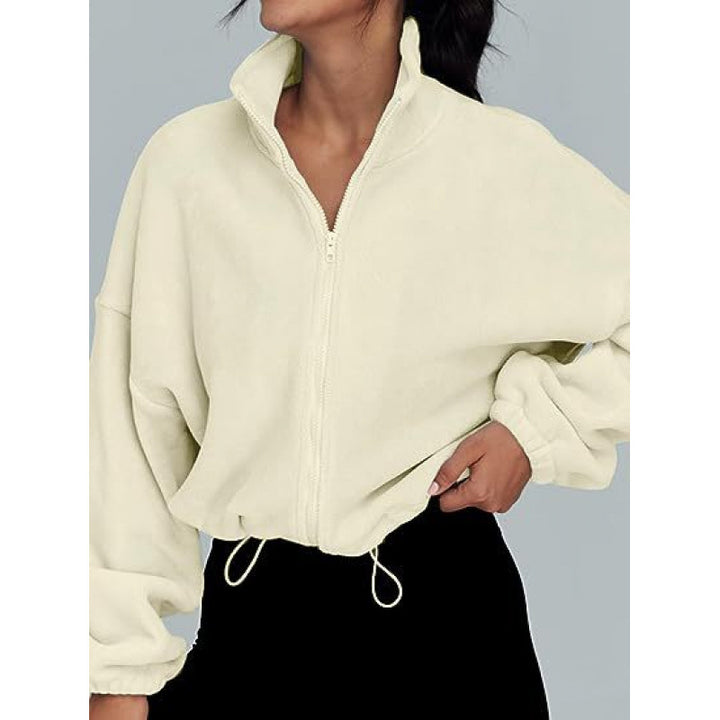 Trendy oversized zip-up pullover for ladies with high collar and drawstring Lune London
